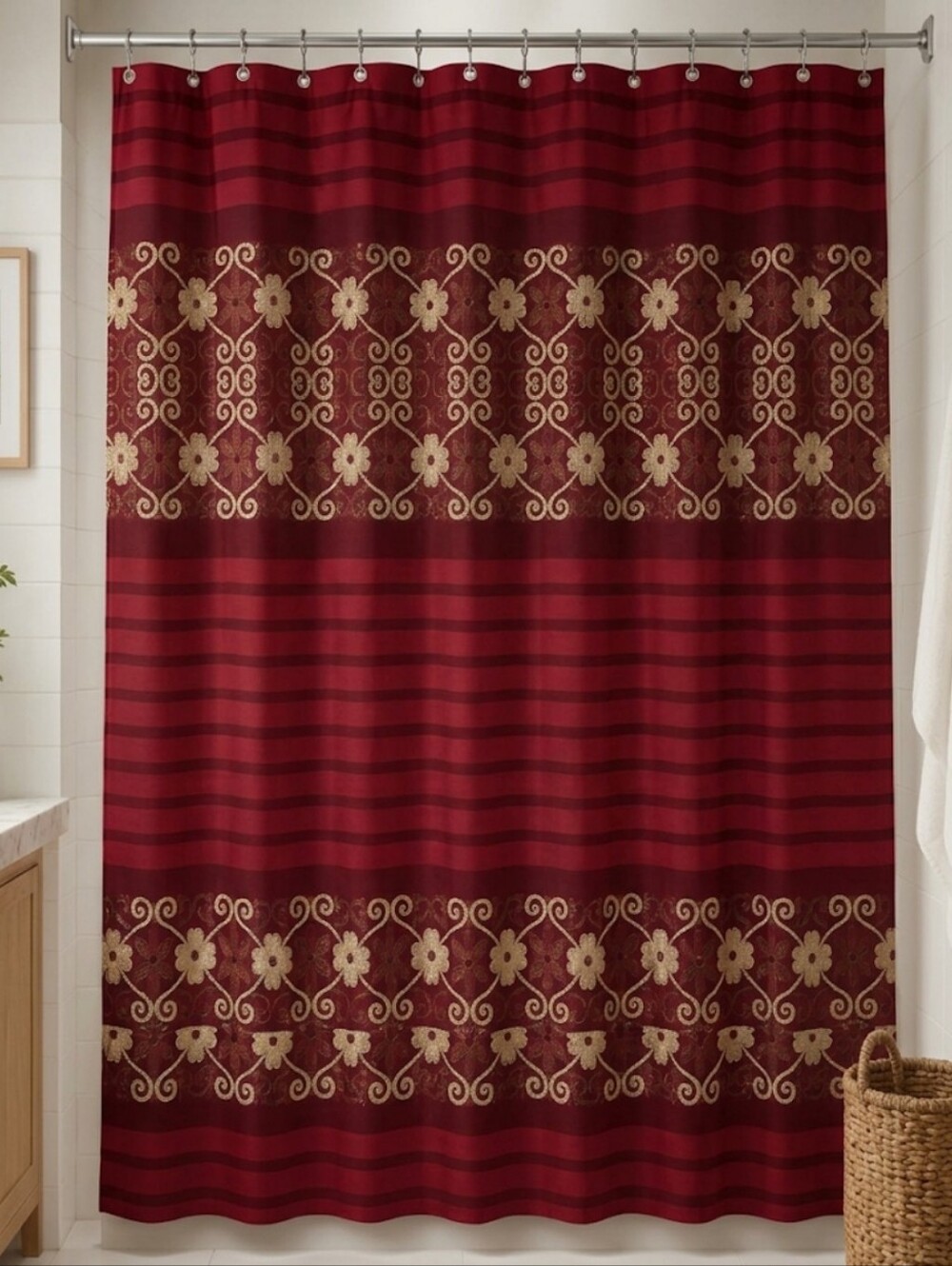Burgundy and Gold Embroidered Shower Curtain